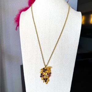 Vintage Grapes and Leaves Gold Pendant Necklace